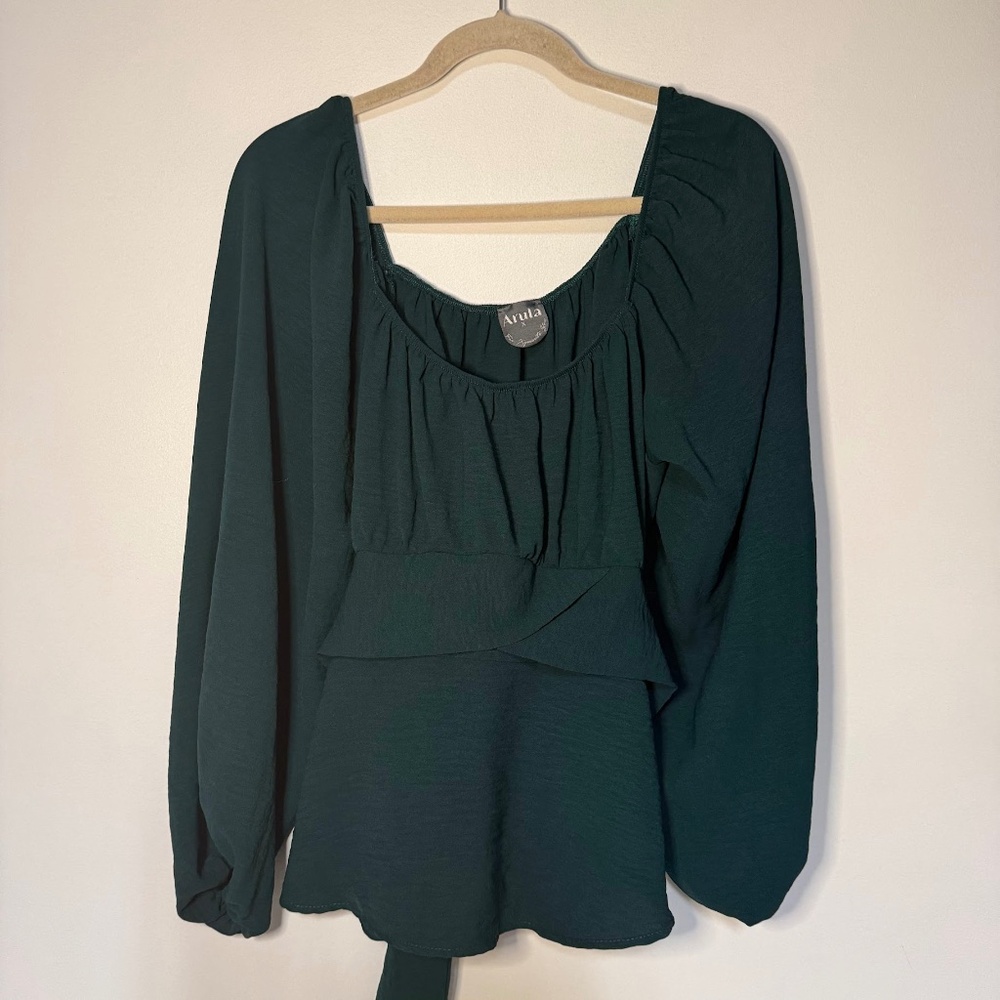 Arula Forest Green Tie Back Blouse Romantic Feminine Fantasy